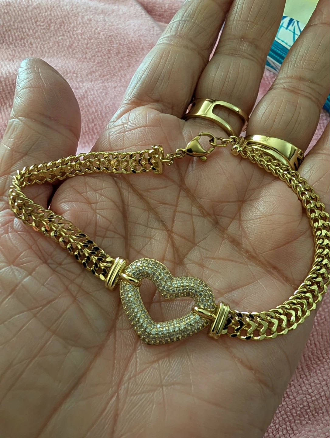 14k Gold laminated Heart  Bracelet with Rhinestones - photo 2