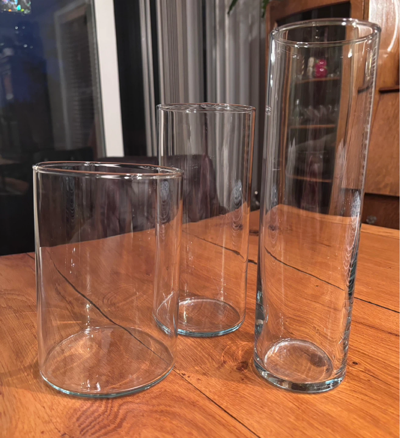 Set of 3 Clear Glass Cylindrical Vases