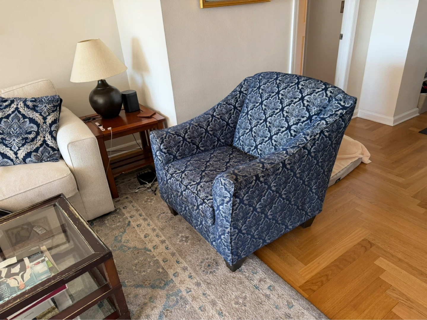 Blue Damask Accent Chair