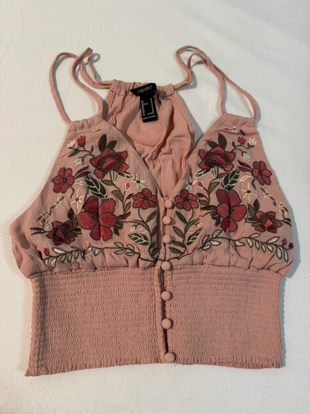 Forever 21 Pink Embroidered Smocked Crop Top M
