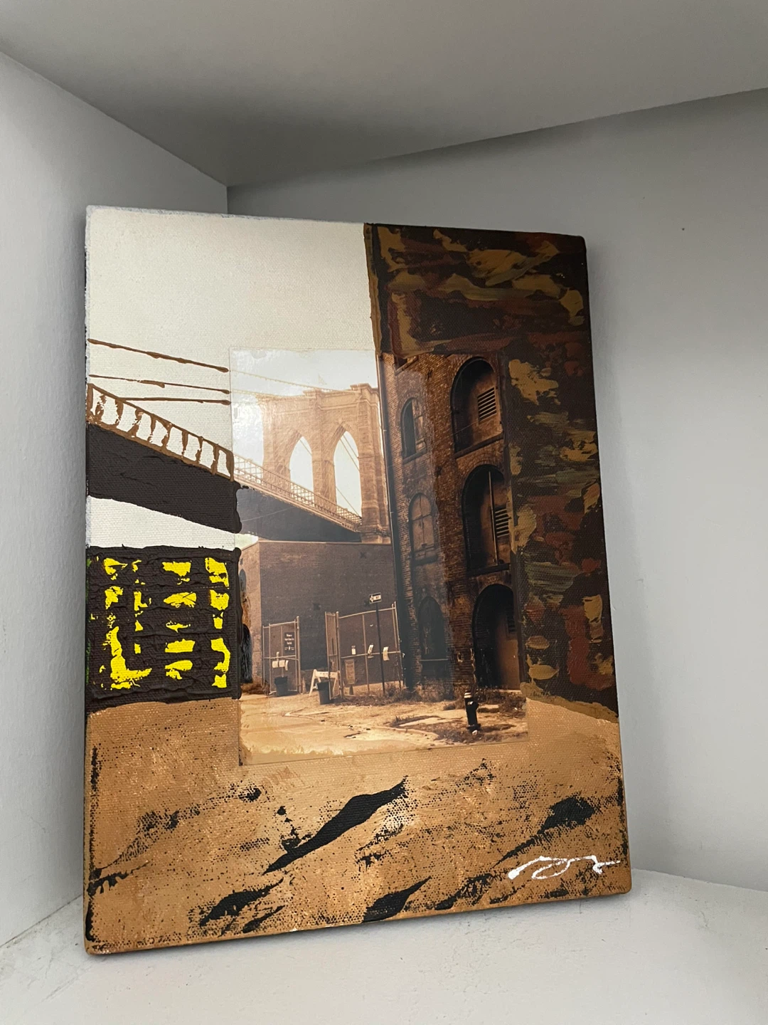 Signed Canvas art featuring Brooklyn Bridge mixed media