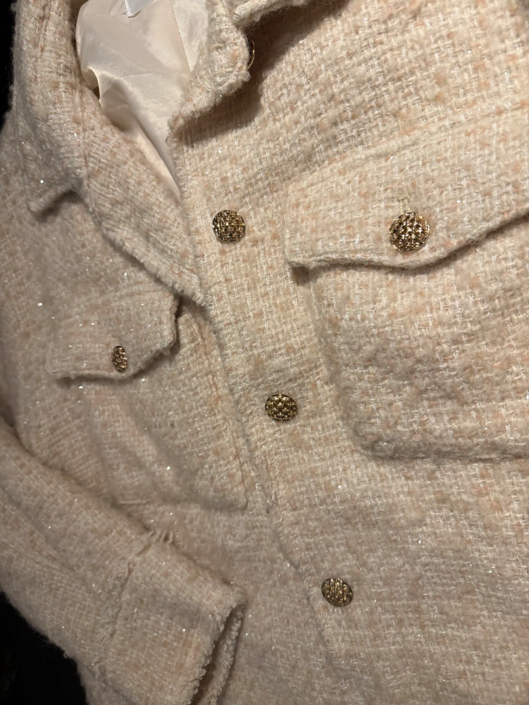 Cream Tweed Chanel Style Spun Gold Button-Up Jacket - photo 5