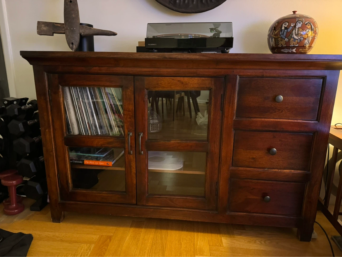 Wooden Media Console Cabinet with Glass Doors and Drawers