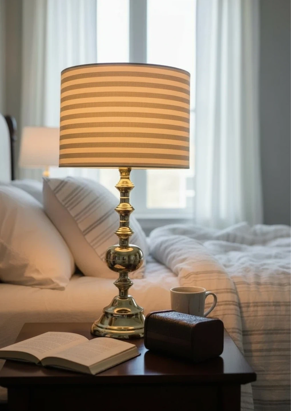 Brass Table Lamp with Striped Shade