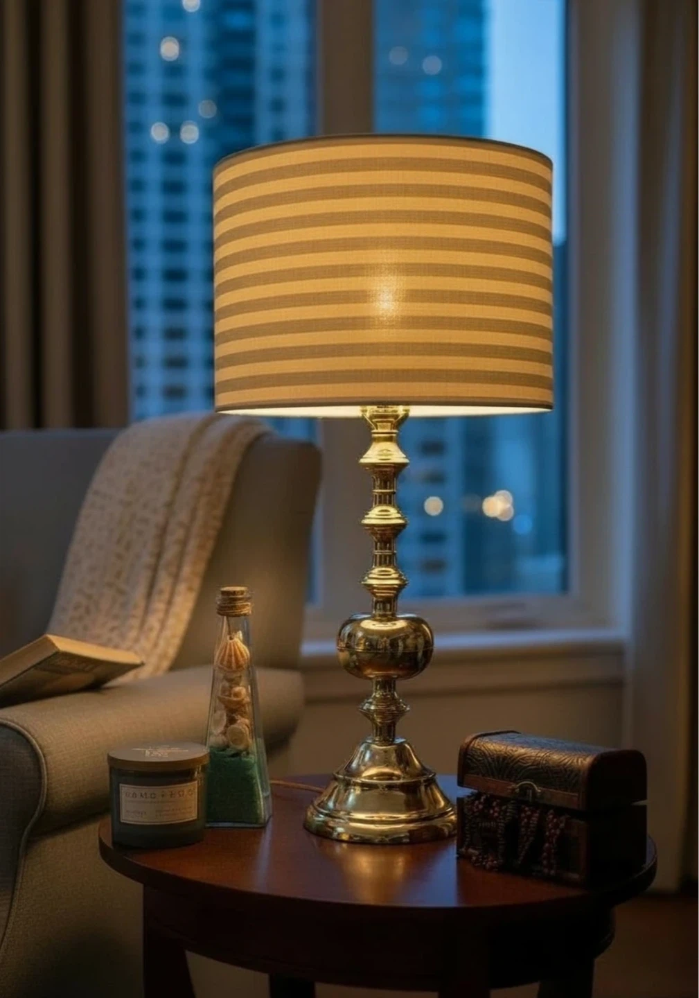 Brass Table Lamp with Striped Shade - photo 2