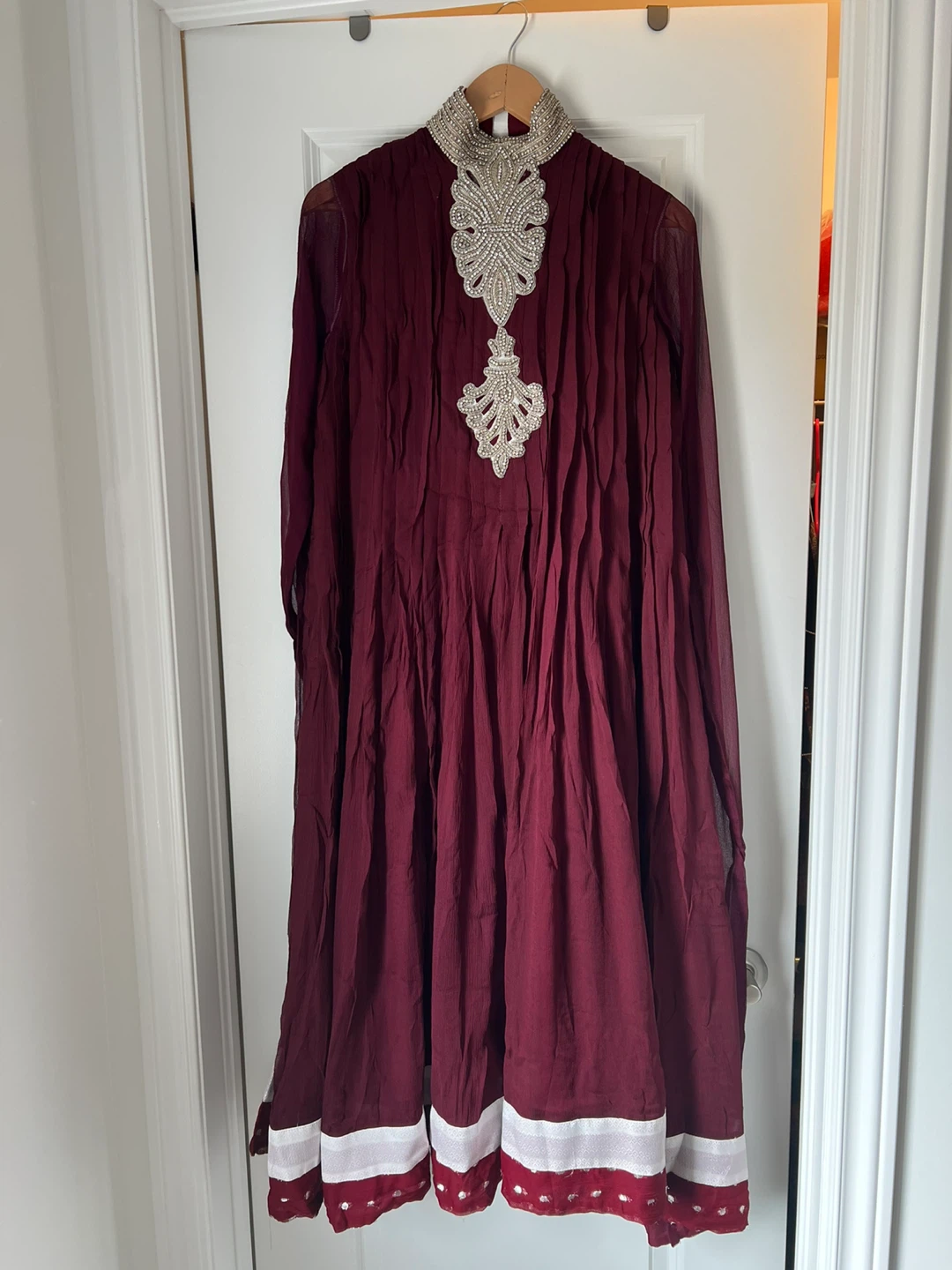 Maroon Anarkali Dress with Embellished Neckline