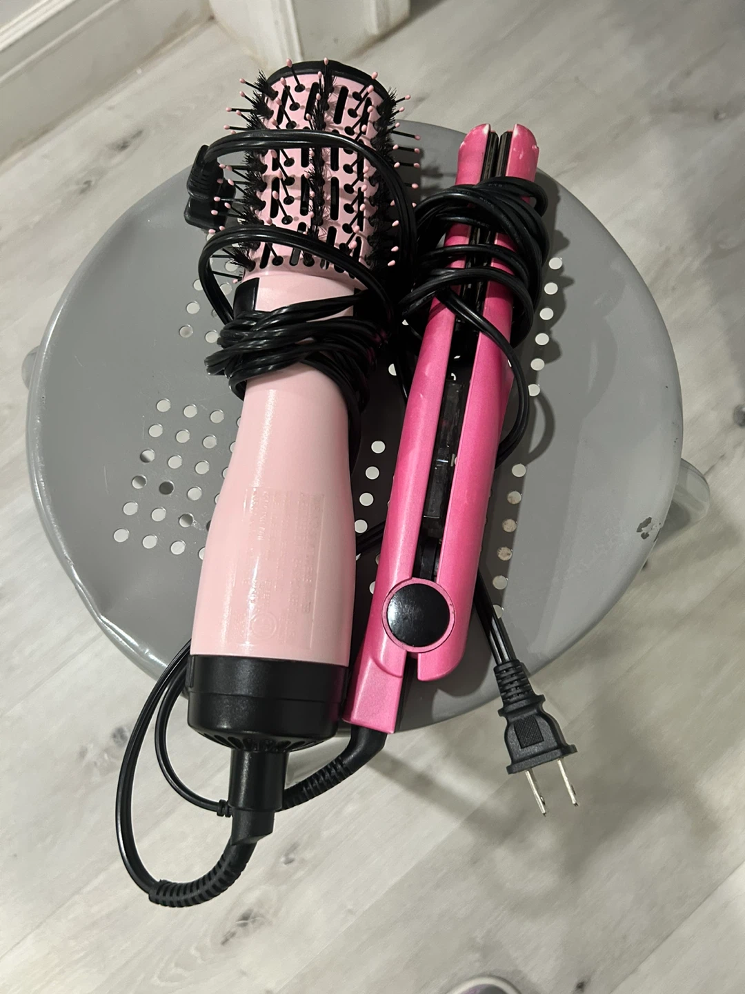 Pink Hair Dryer Brush and Flat Iron Set