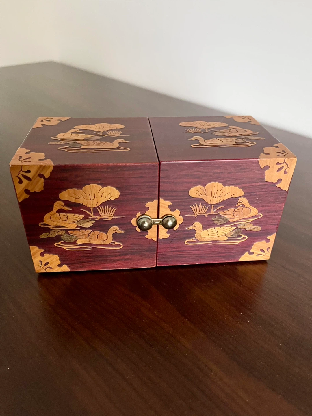 Vintage Korean Wooden Jewelry Box – Carved Mandarin Ducks