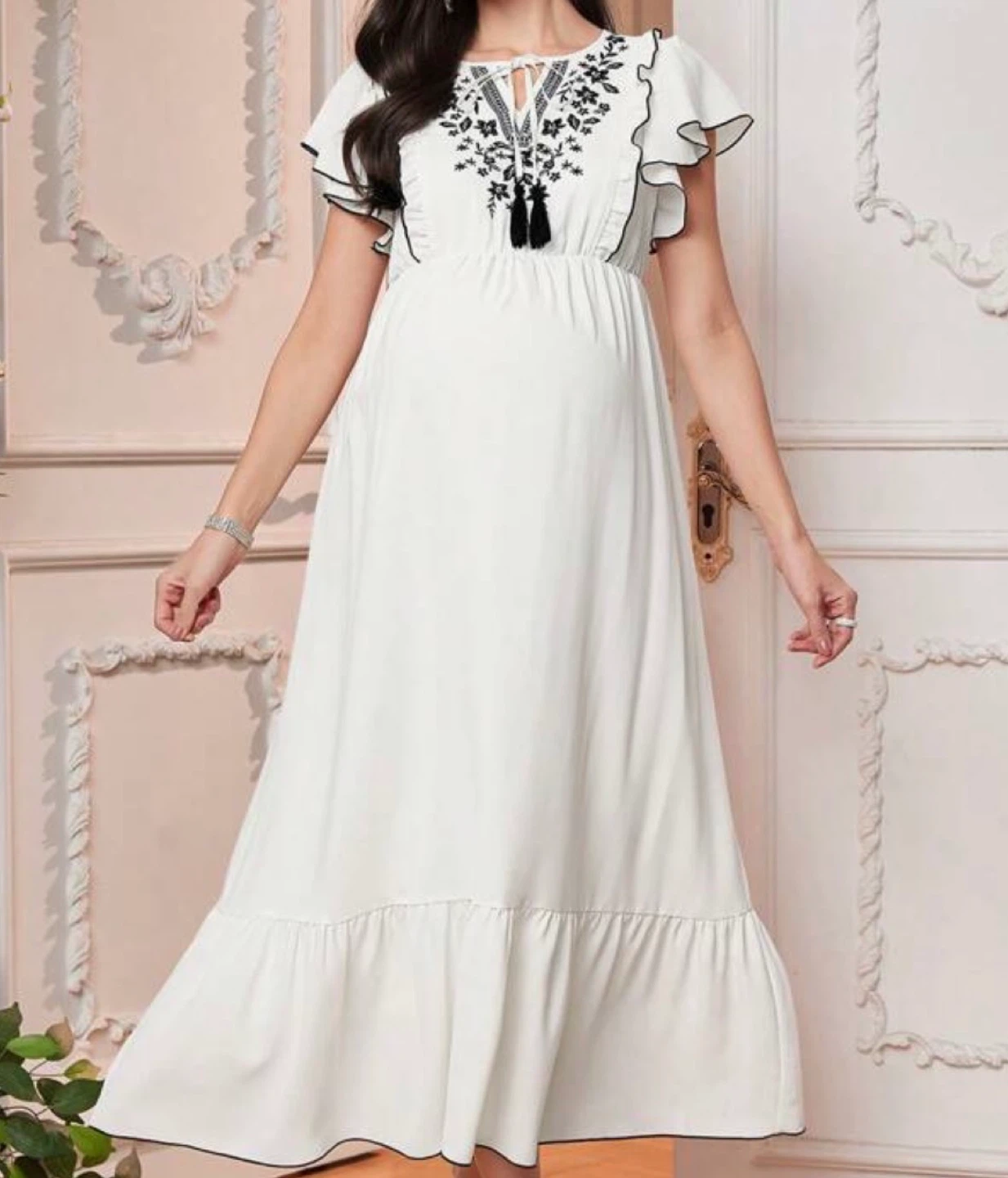 White Maternity Dress with Black Embroidery