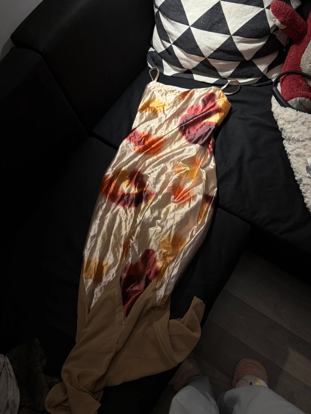 Satin slip dress with tie-dye print