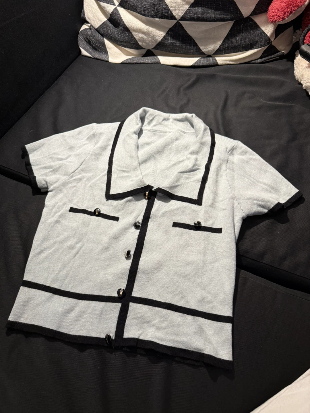 Light Blue & Black Trim Knit Collared Shirt - photo 3