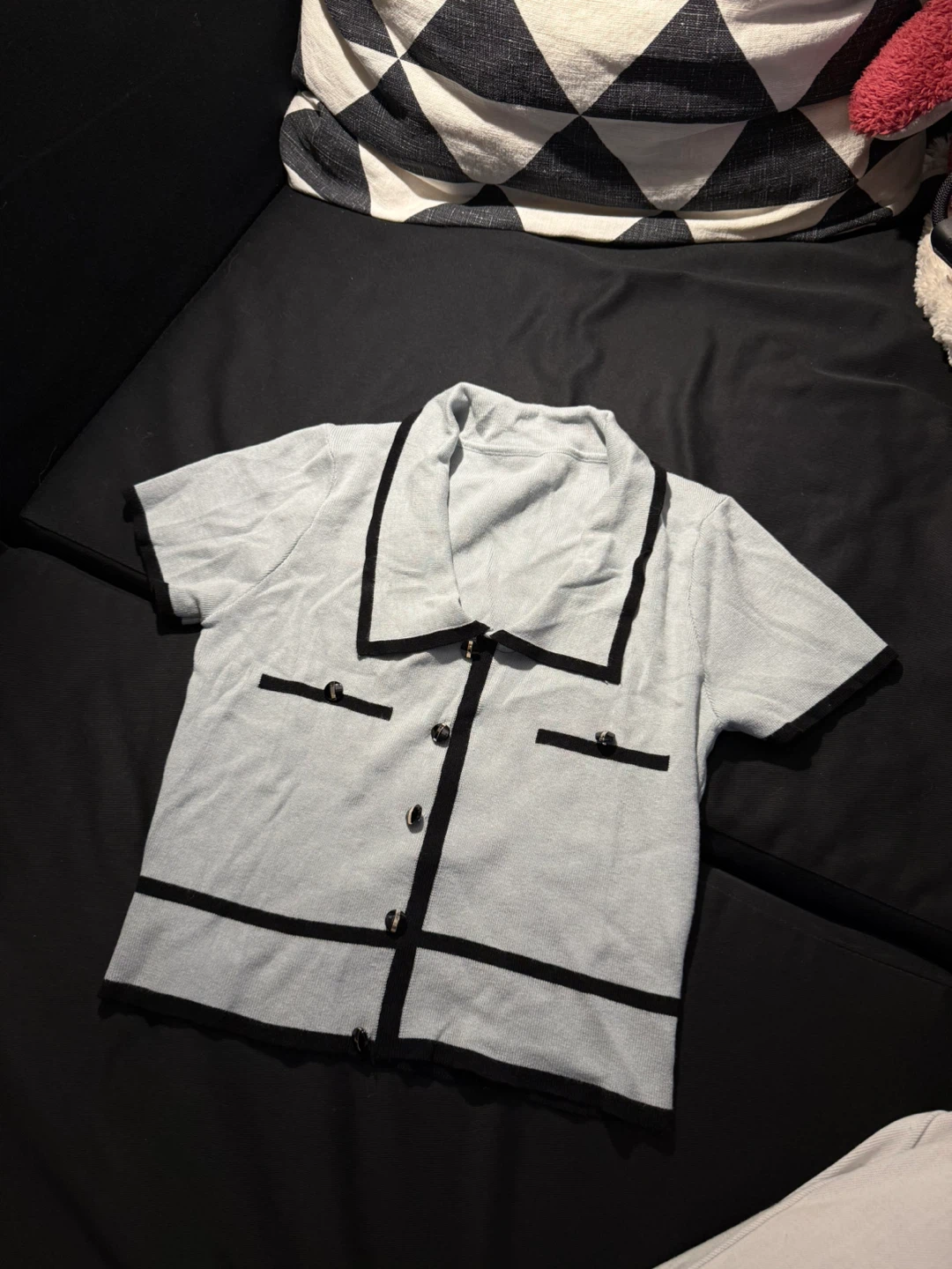 Light Blue & Black Trim Knit Collared Shirt - photo 2