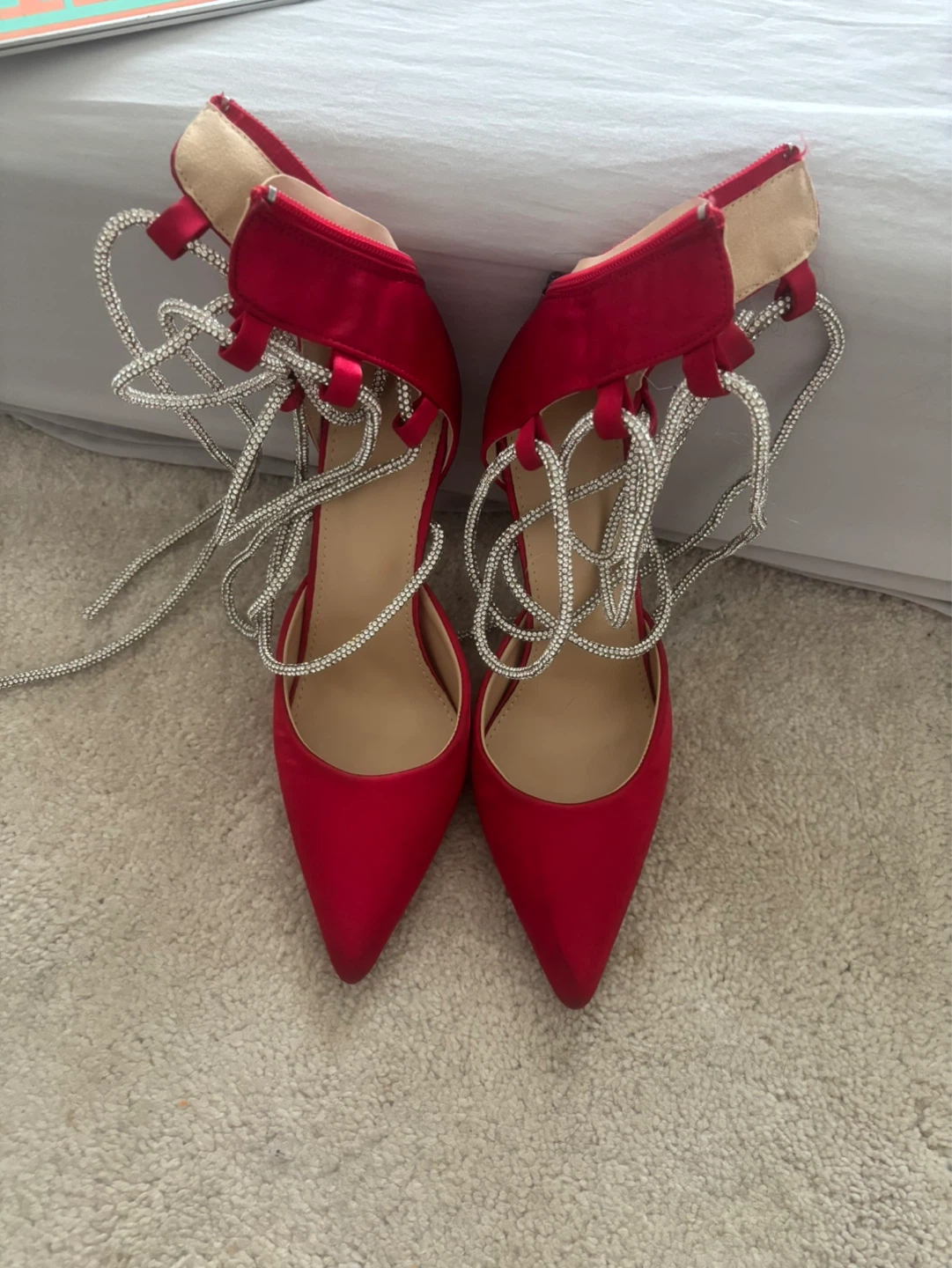 Red Suede Stiletto Heels with Rhinestone Straps - photo 3