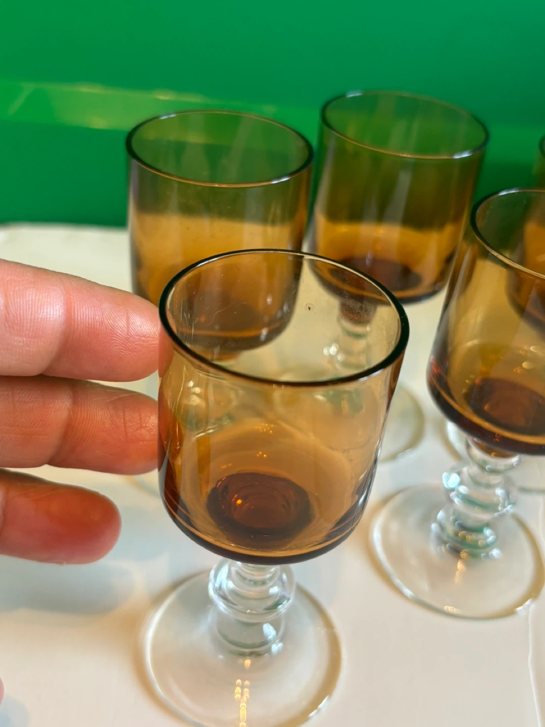 Set of 5 Amber Glass Stemmed Shot Glasses - photo 3