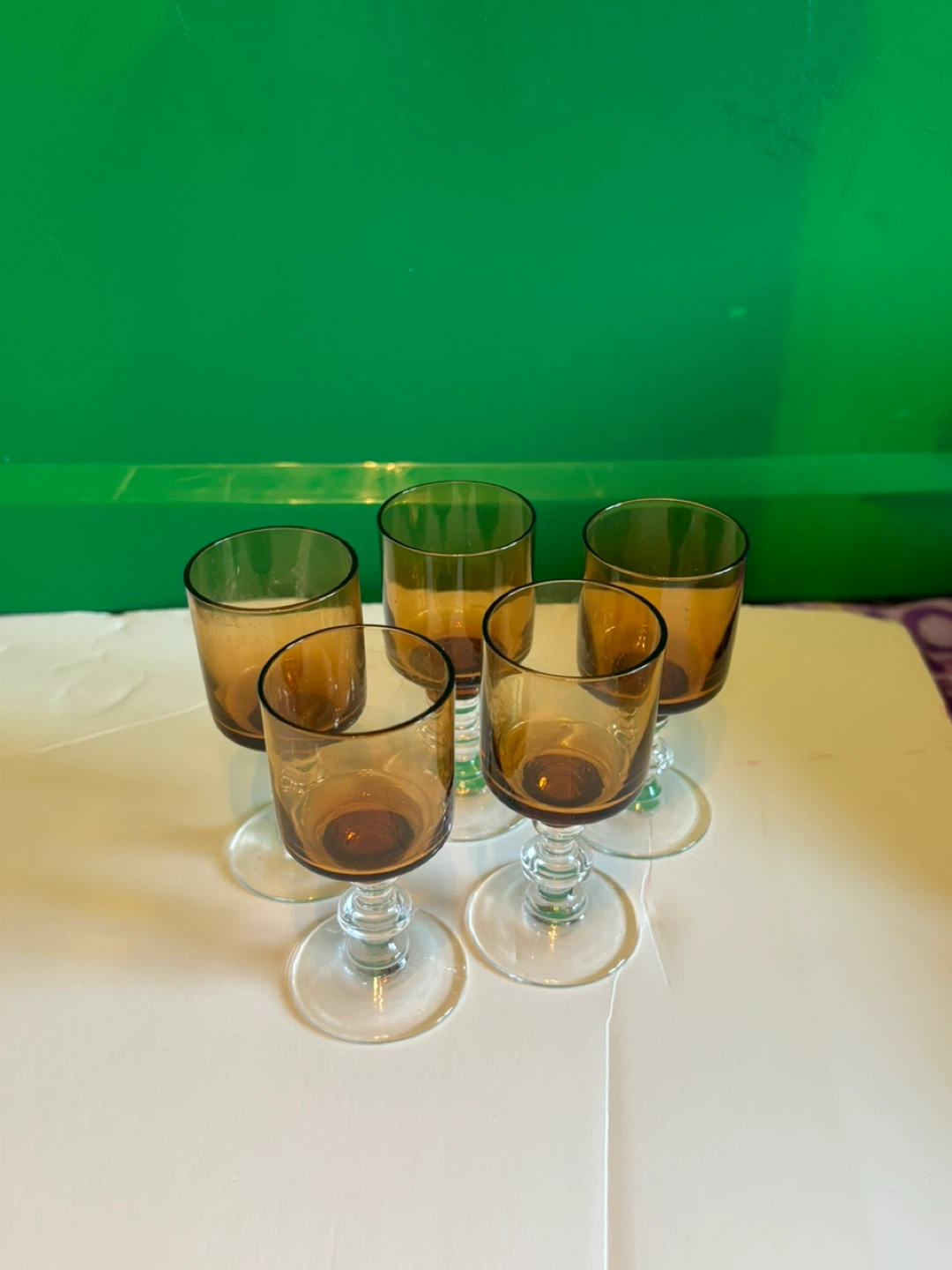 Set of 5 Amber Glass Stemmed Shot Glasses