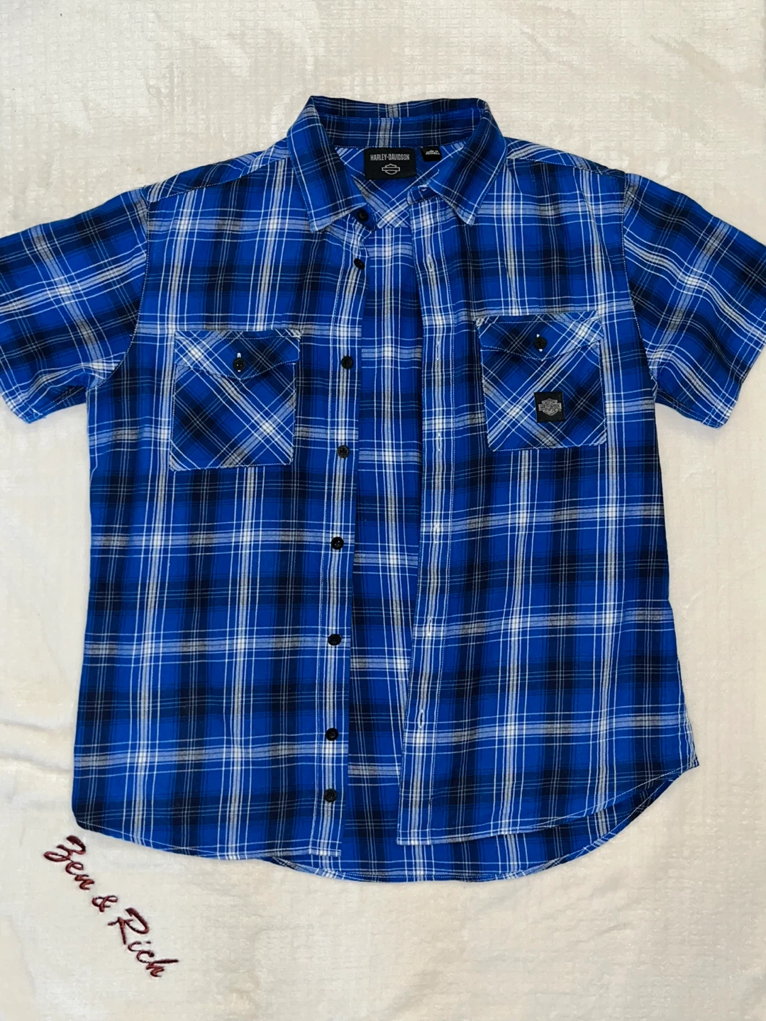 Harley-Davidson Blue Plaid Large Short Sleeve Shirt