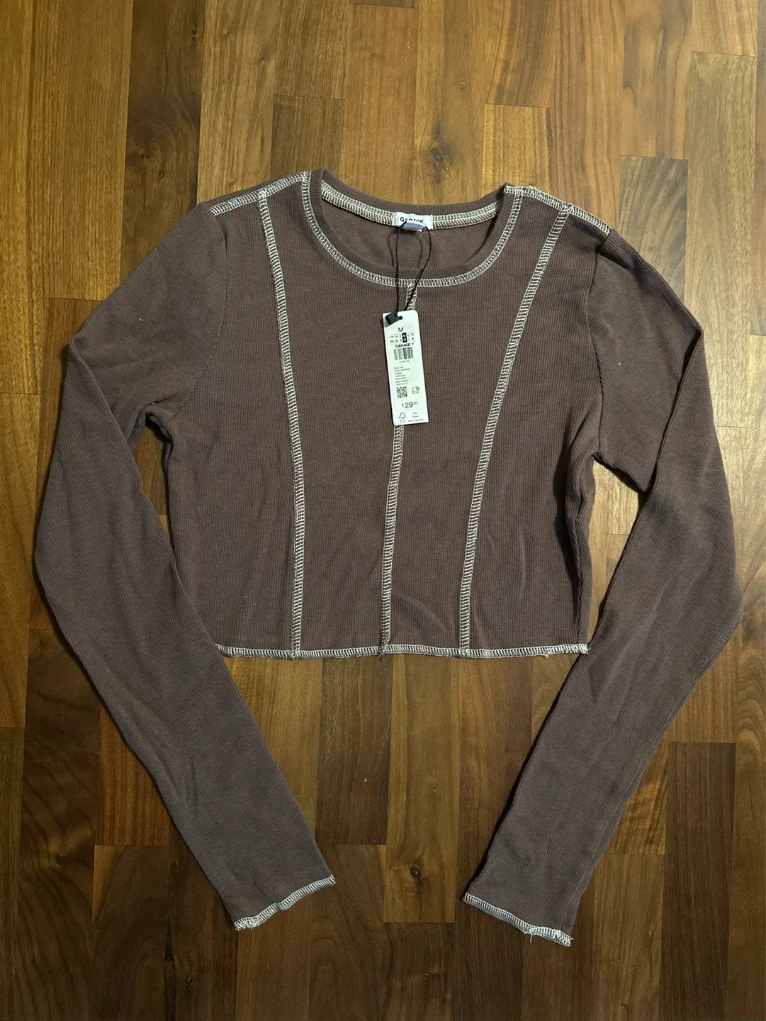 Garage Brown Ribbed Cropped Long Sleeve Top