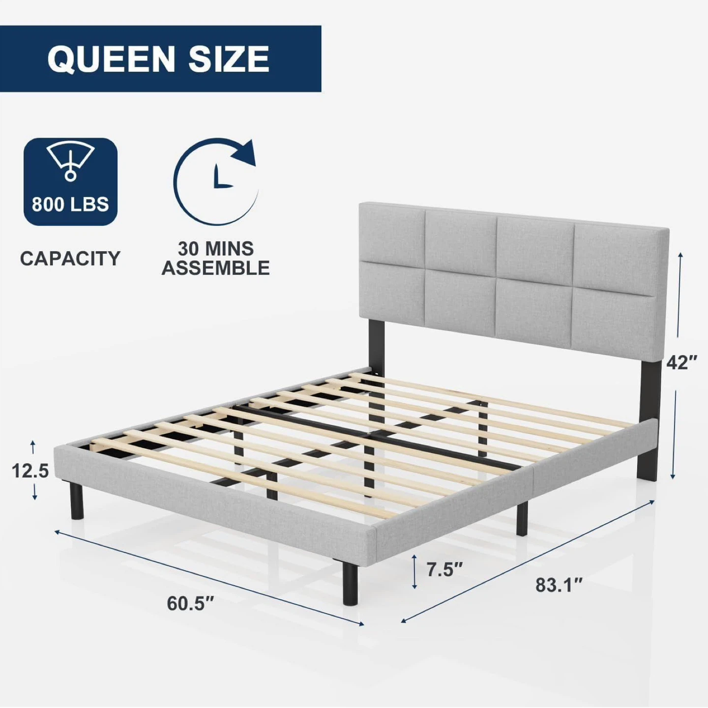 Queen Size Upholstered Platform Bed Frame with Headboard - photo 3