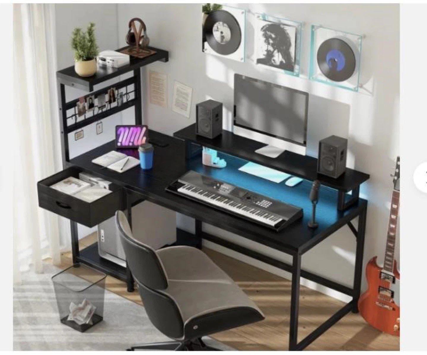 Black L-Shaped Desk with Power Outlet and Shelving - photo 2