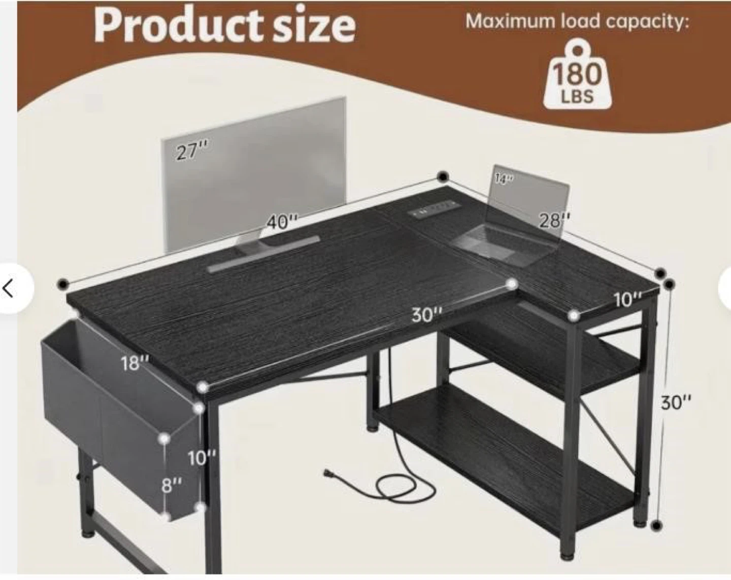 Black L-Shaped Desk with Power Outlet and Shelving