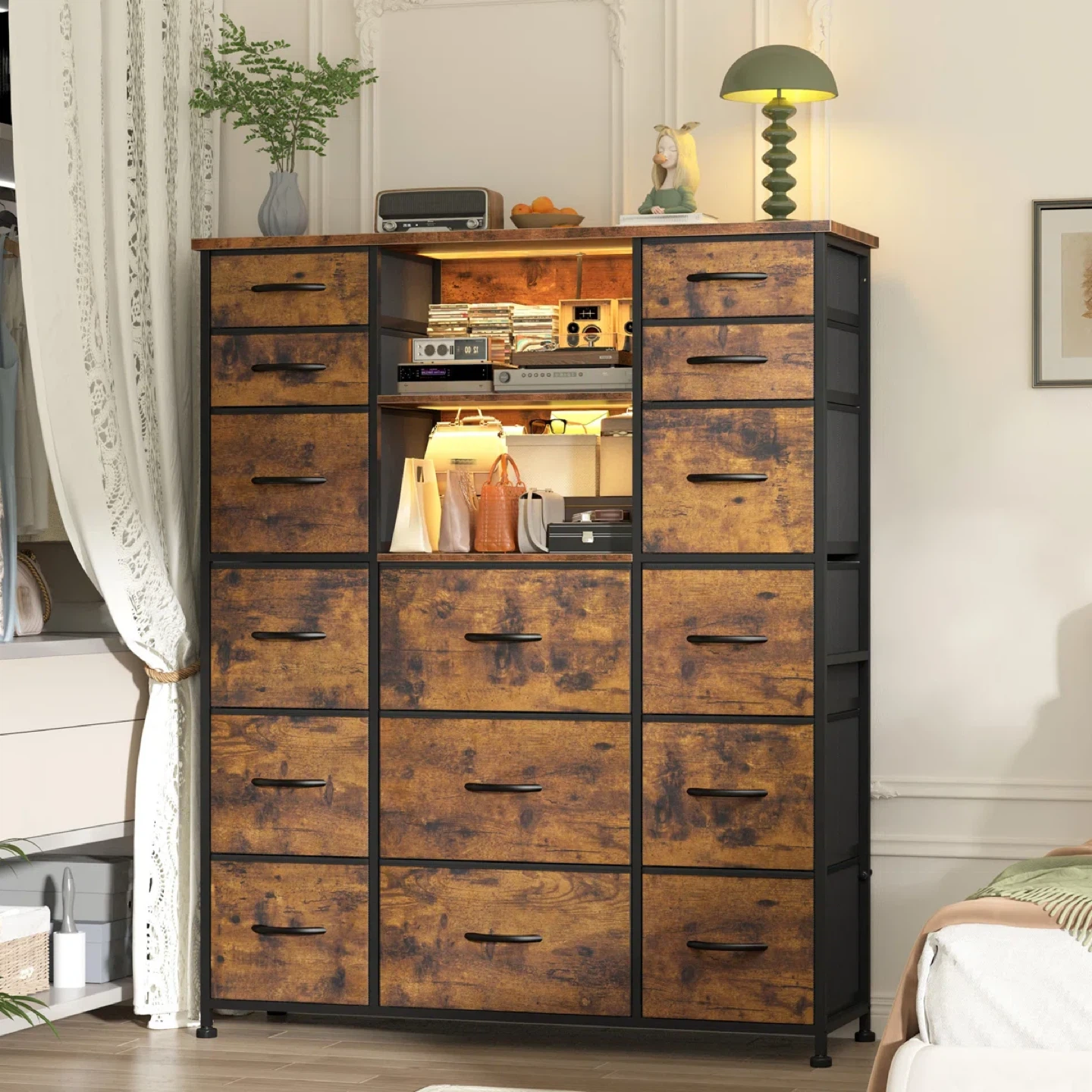 15-Drawer Dresser with Power Strip - Rustic Brown