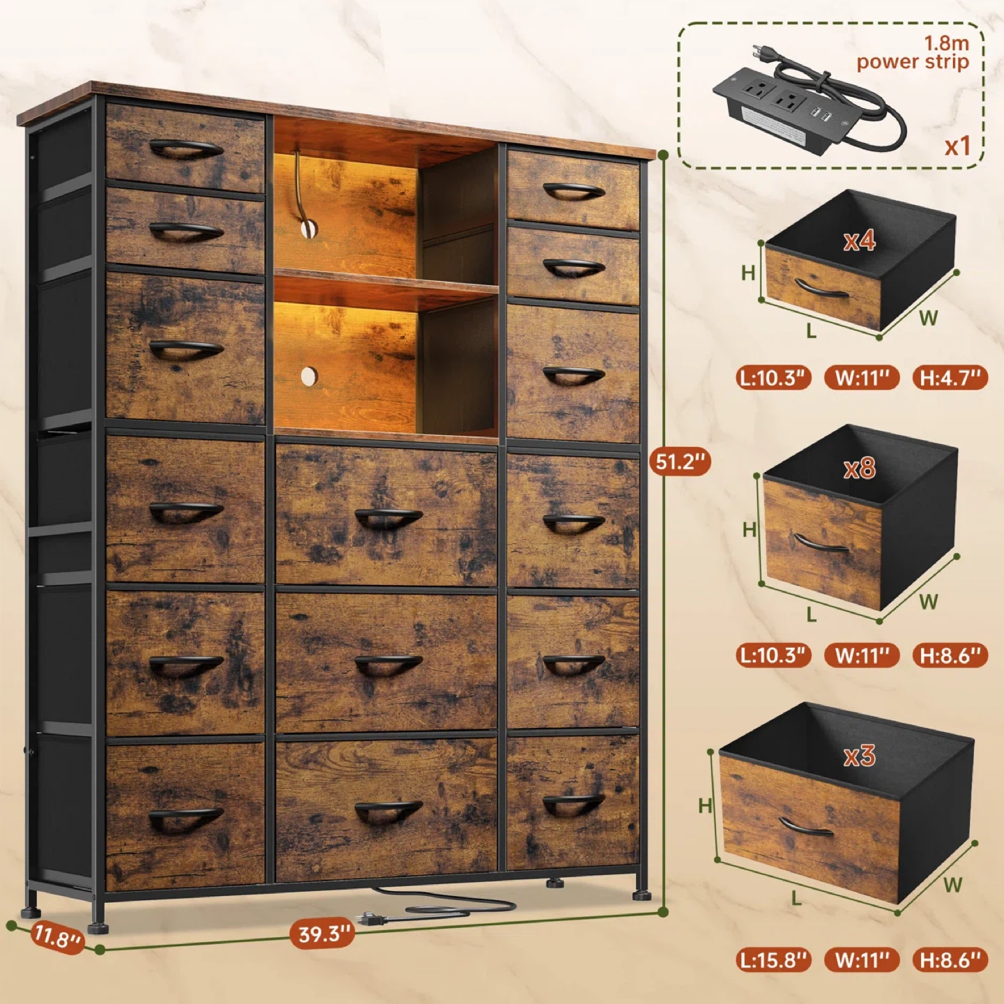 15-Drawer Dresser with Power Strip - Rustic Brown - photo 3