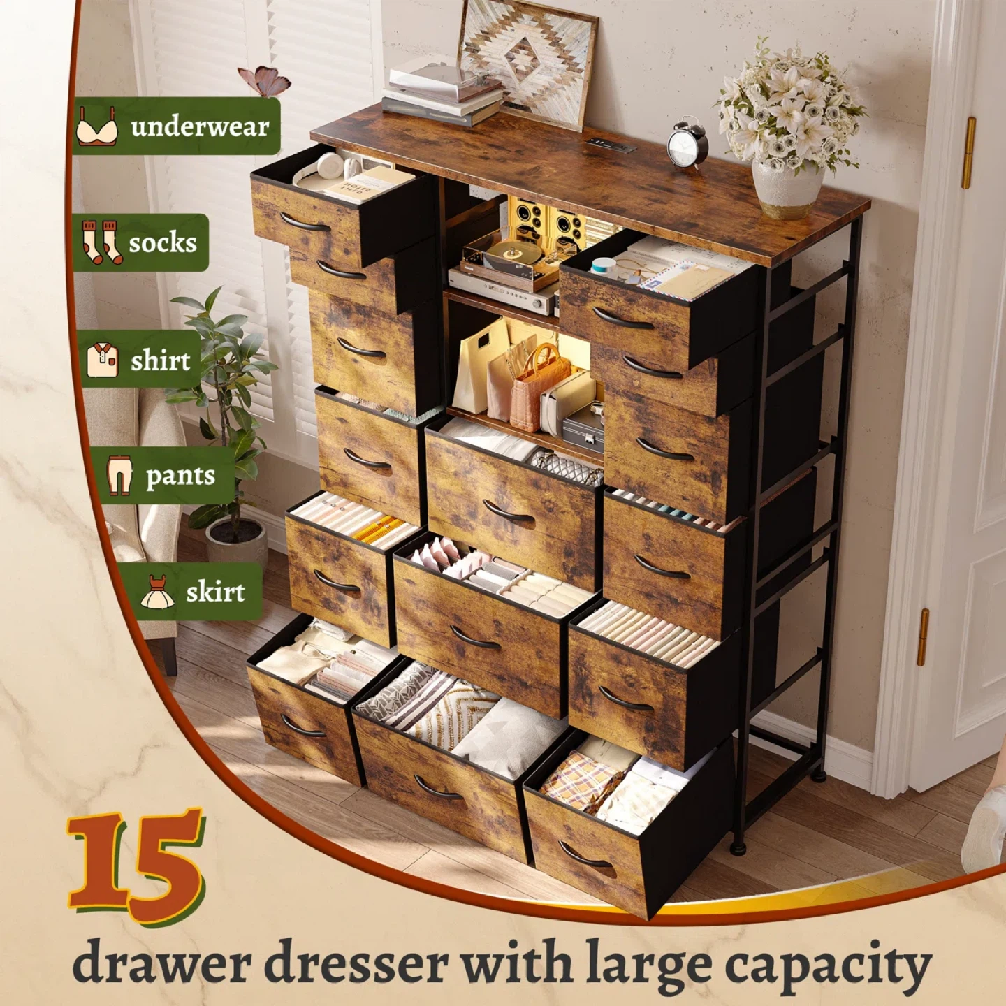 15-Drawer Dresser with Power Strip - Rustic Brown - photo 4