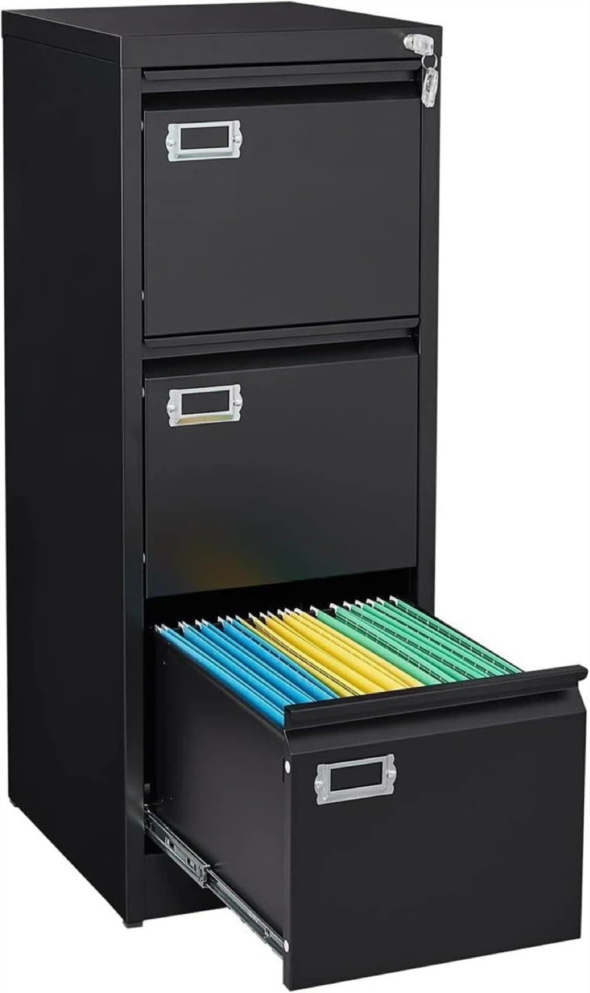 Black 3-Drawer Metal Filing Cabinet with Lock
