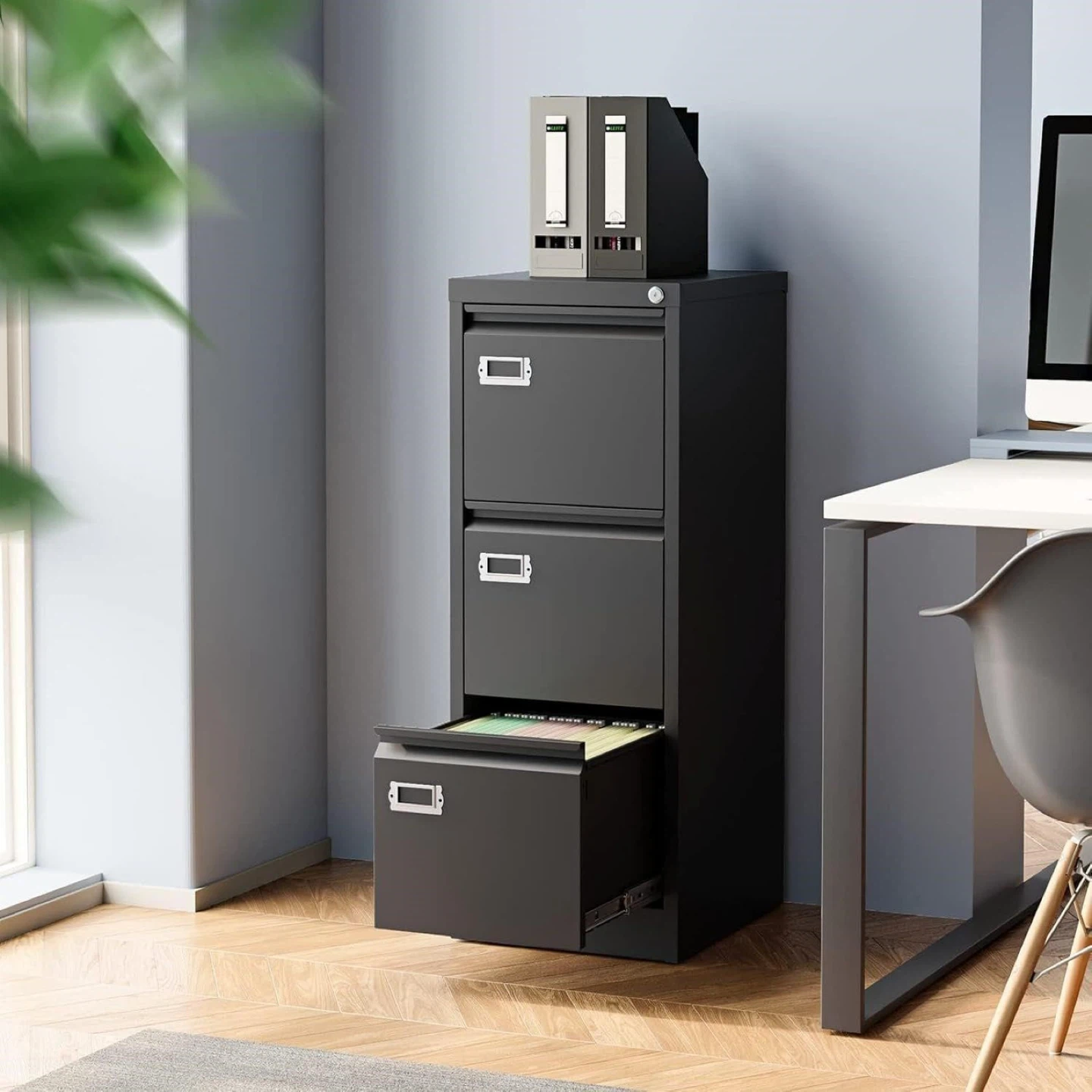 Black 3-Drawer Metal Filing Cabinet with Lock - photo 2