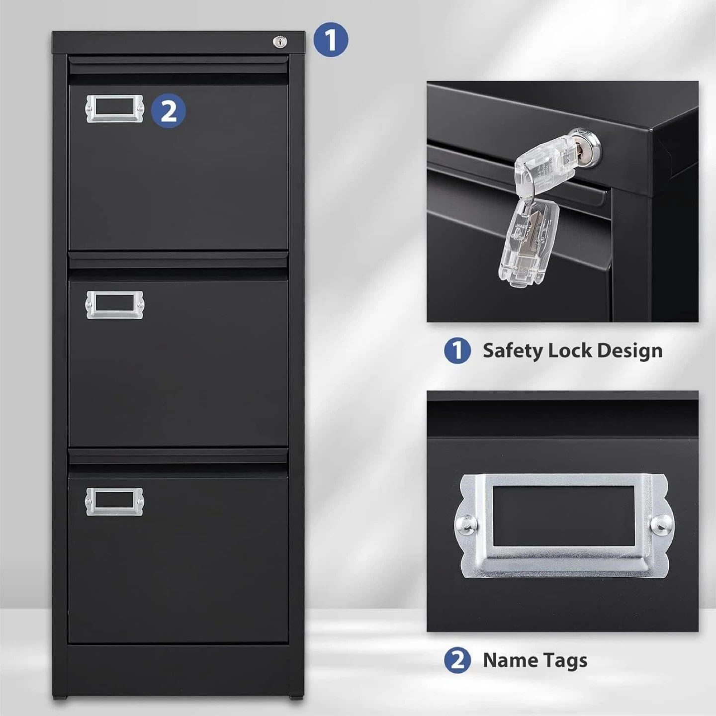 Black 3-Drawer Metal Filing Cabinet with Lock - photo 3