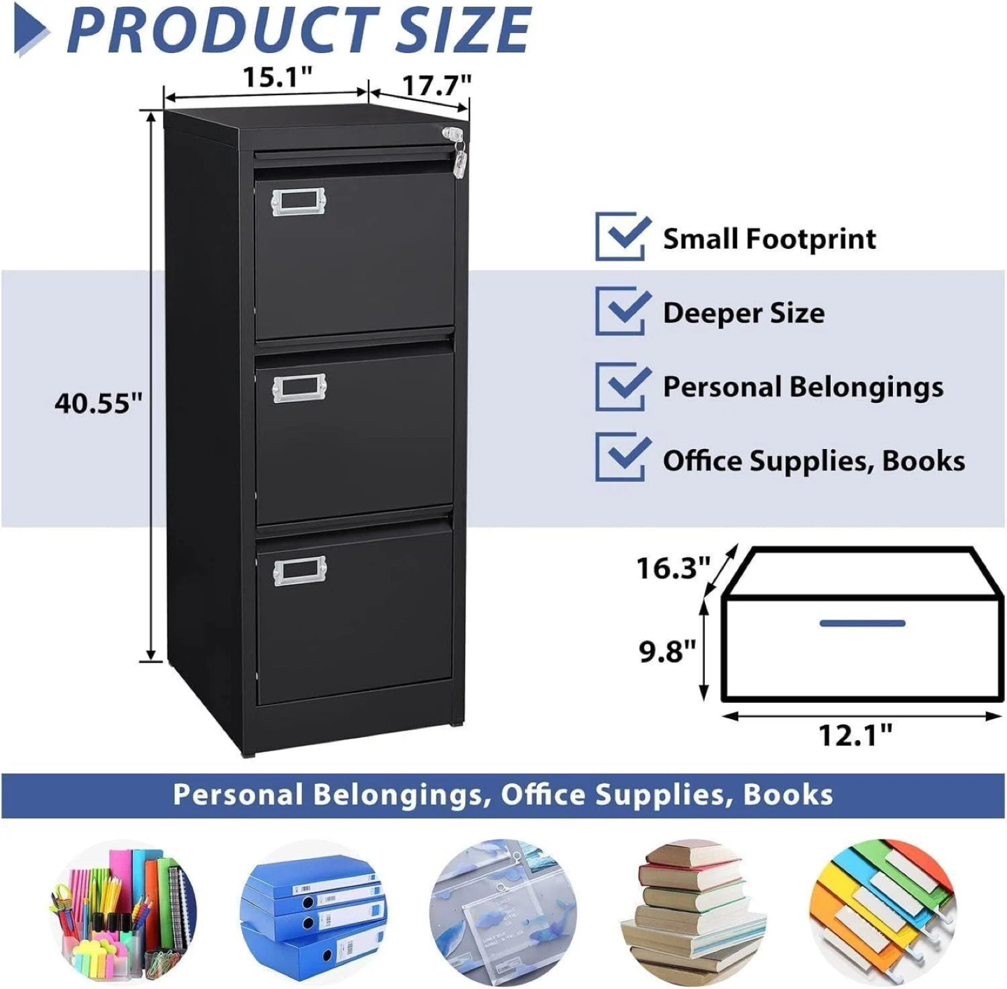 Black 3-Drawer Metal Filing Cabinet with Lock - photo 4