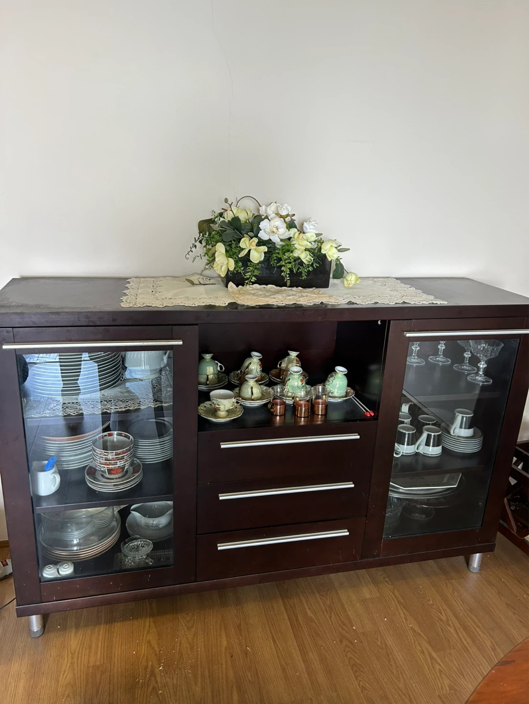 Dark Wood Sideboard with Glass Doors