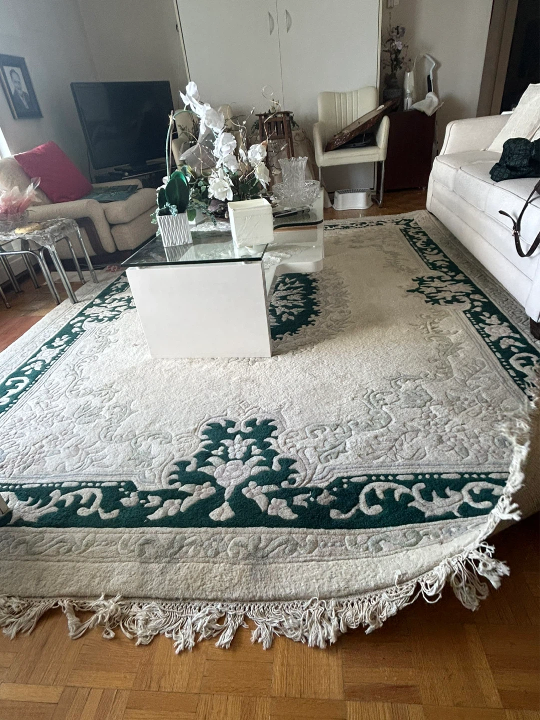 Area Rug - Ivory and Green Floral Pattern