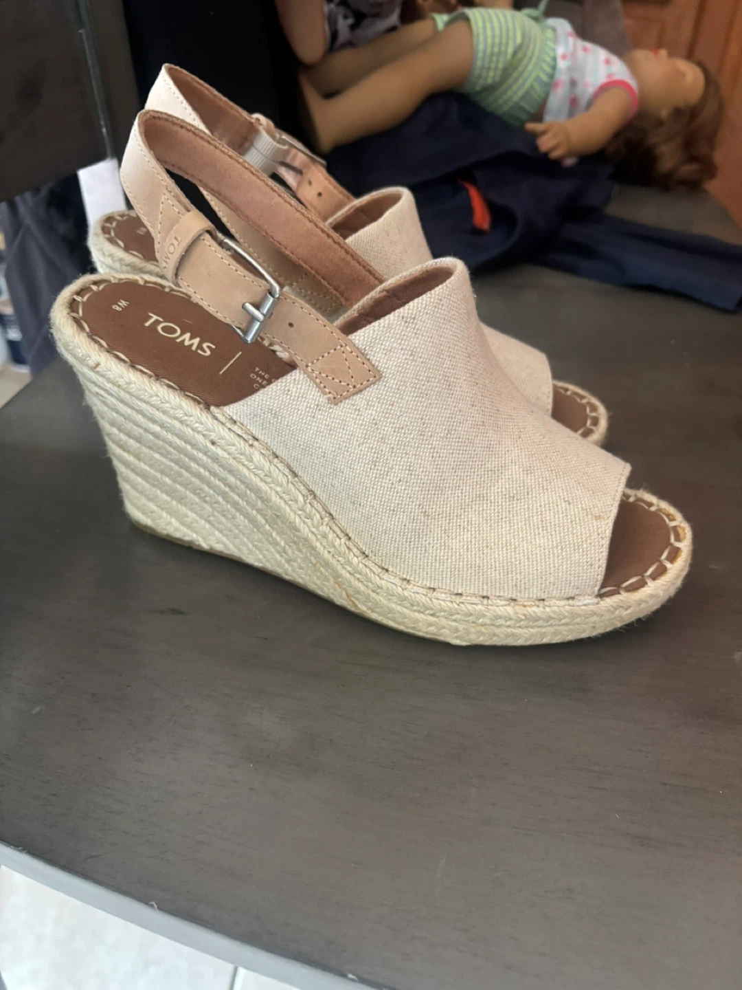 TOMS Women's Beige Canvas Wedge Espadrille Sandals Size 8