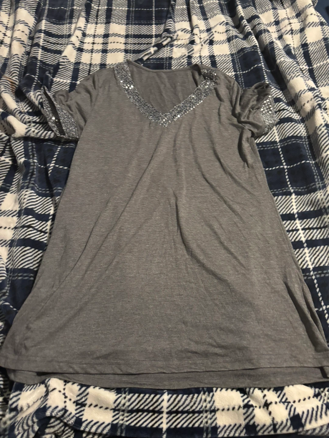 Grey Sequin V-Neck T-Shirt