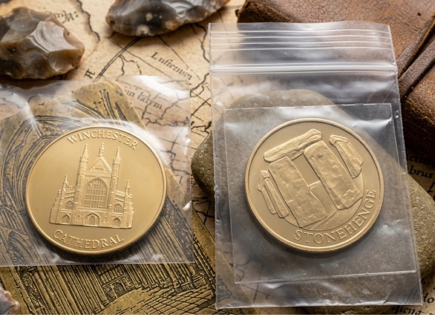 Gold plated Coins: Winchester Cathedral & Stonehenge