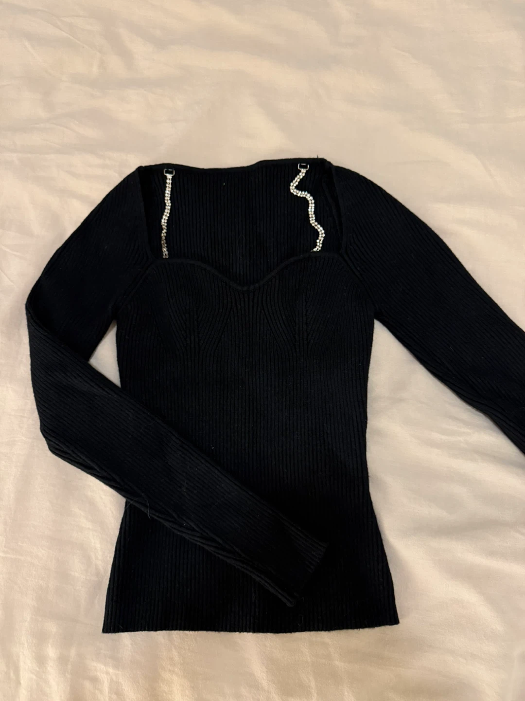 Black long-sleeve ribbed top sweater with rhinestone straps - photo 2