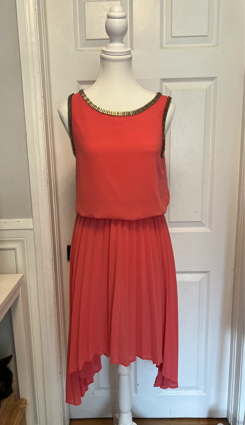 New- Coral Chiffon Dress with Beaded Neckline