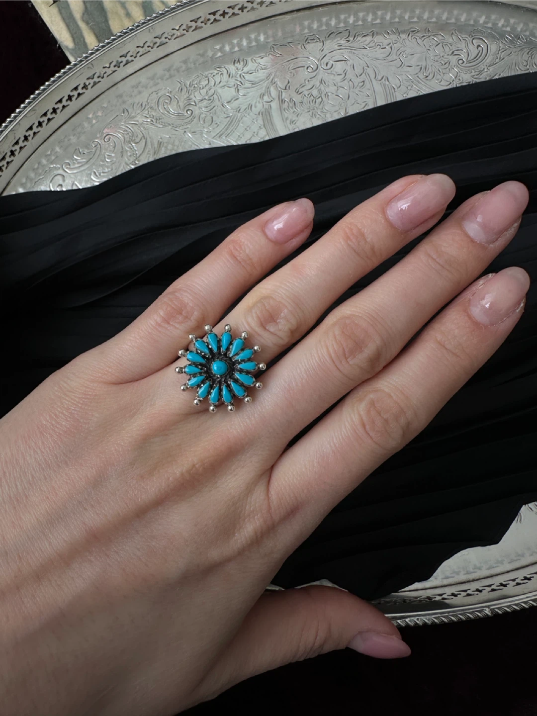 Y2K Turquoise Flower Ring 925
