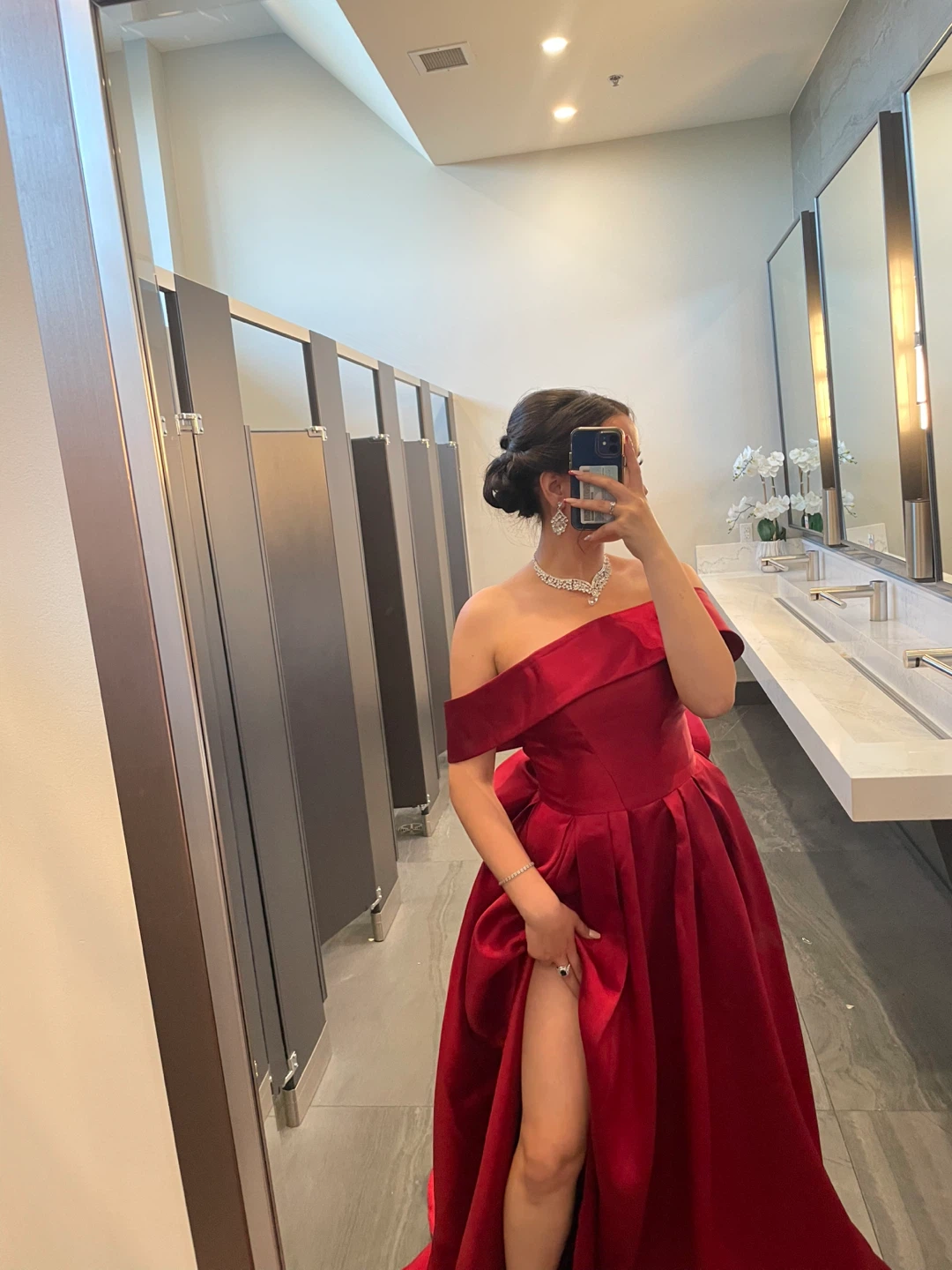 Red Off-the-Shoulder Prom Dress with High Slit - photo 2