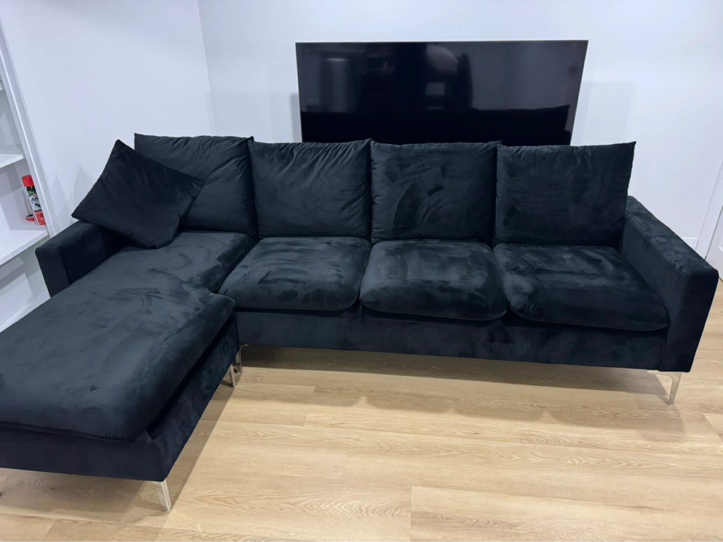 Black Velvet Sectional Sofa with Chaise