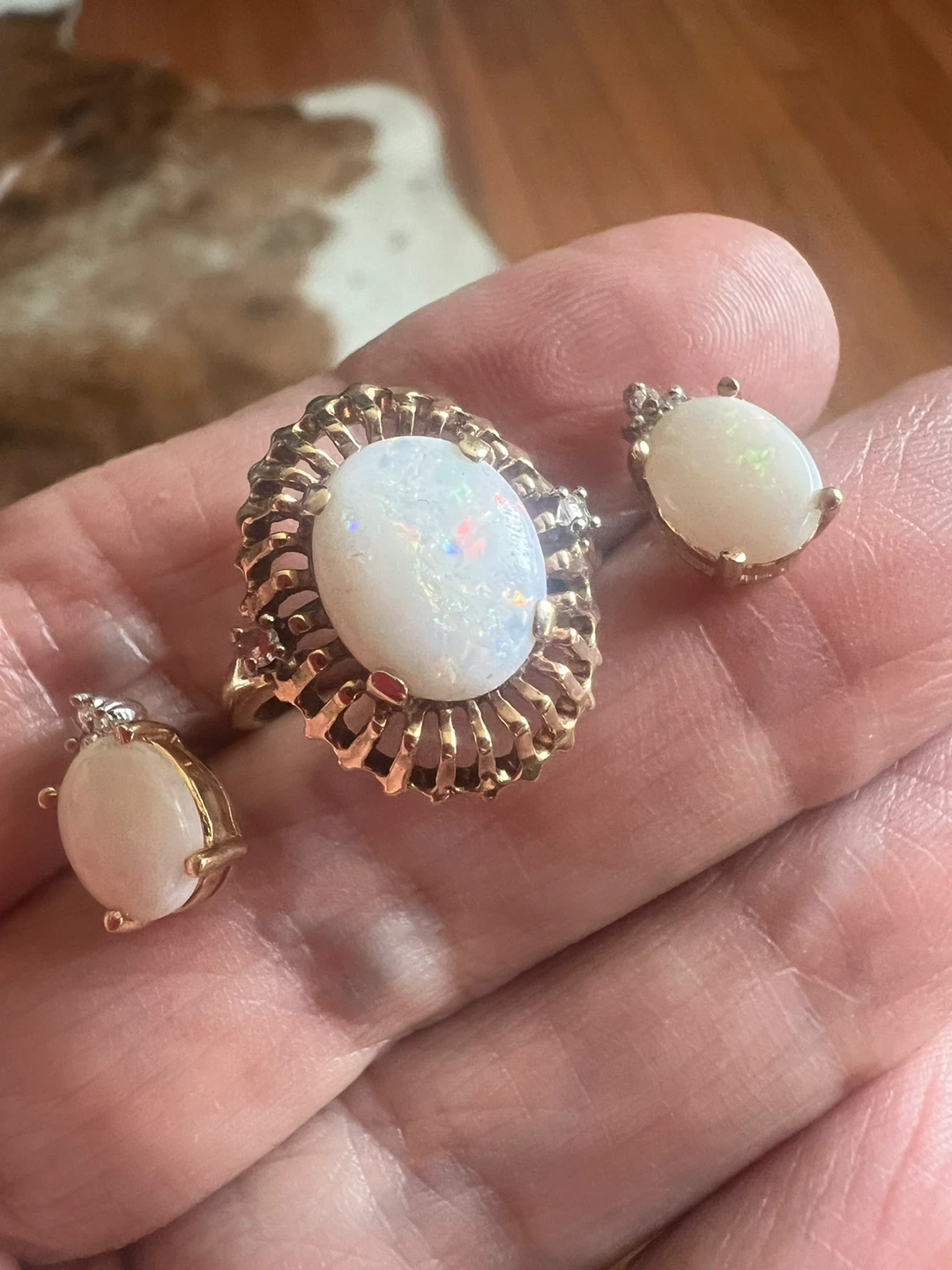 14 k Opal and Diamond Ring and 14 k Earring Set - photo 2