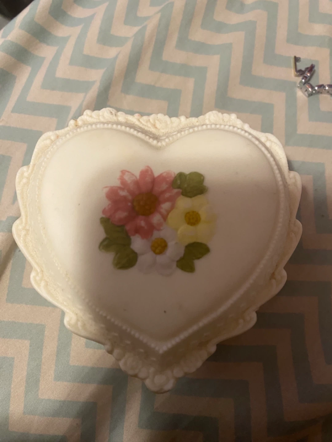 White Heart-Shaped Trinket Box with Floral Design