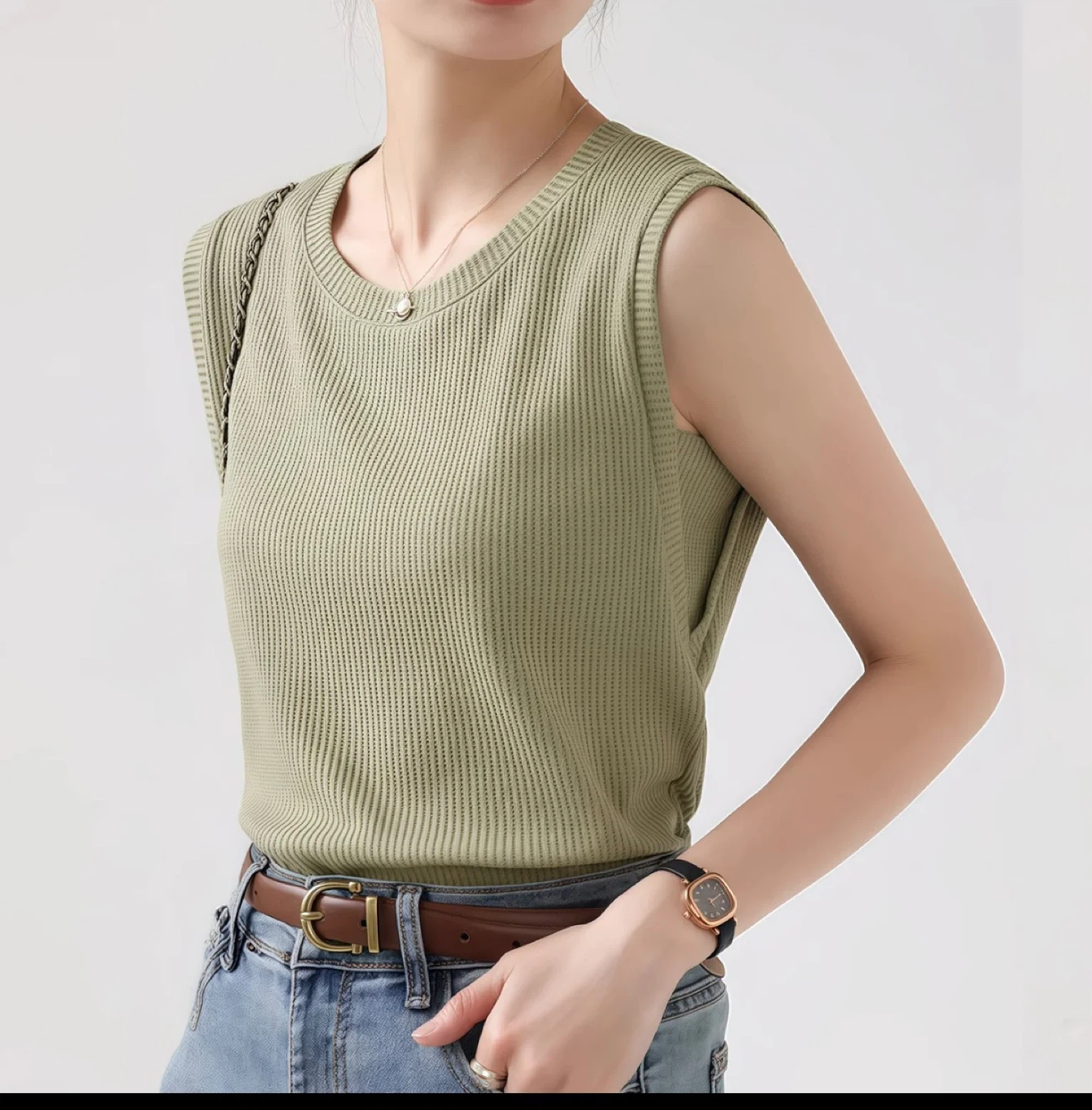 Women's Sleeveless Ribbed Knit Tank Top - Olive Green - photo 2