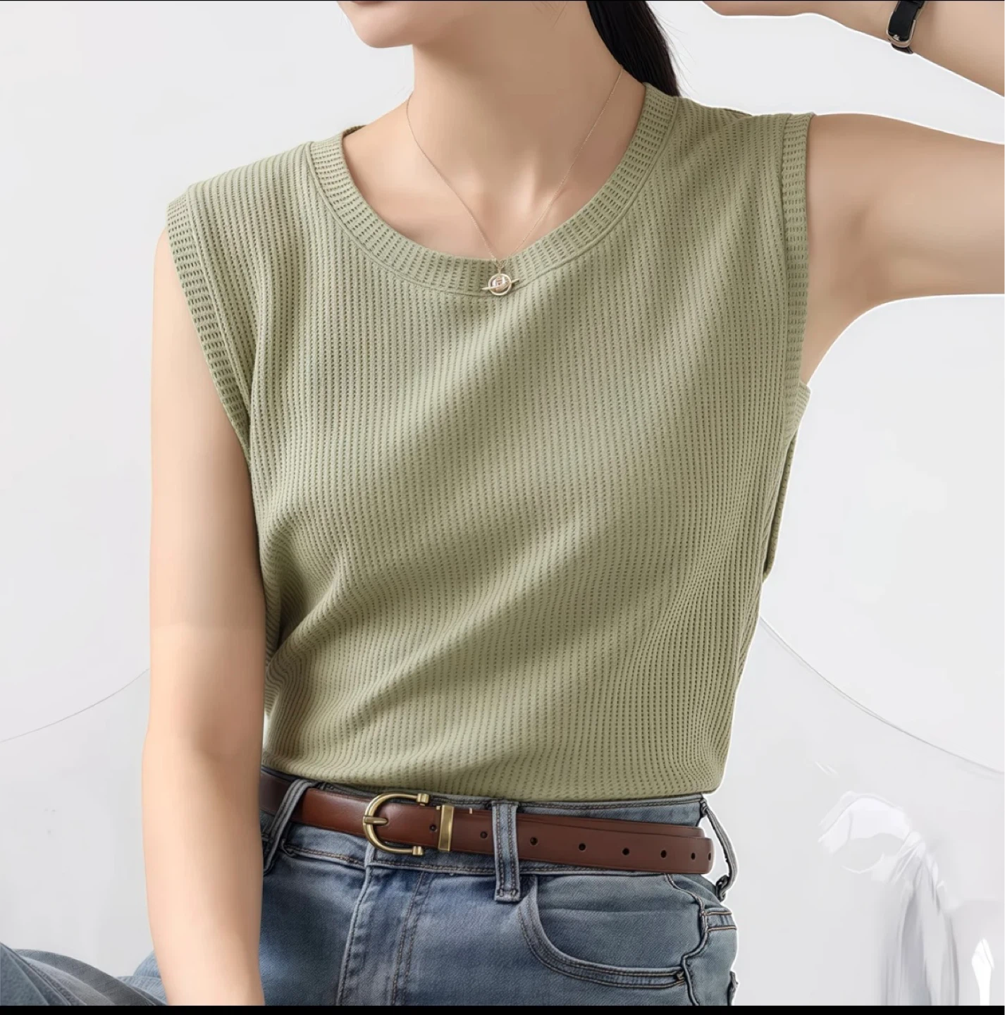 Women's Sleeveless Ribbed Knit Tank Top - Olive Green
