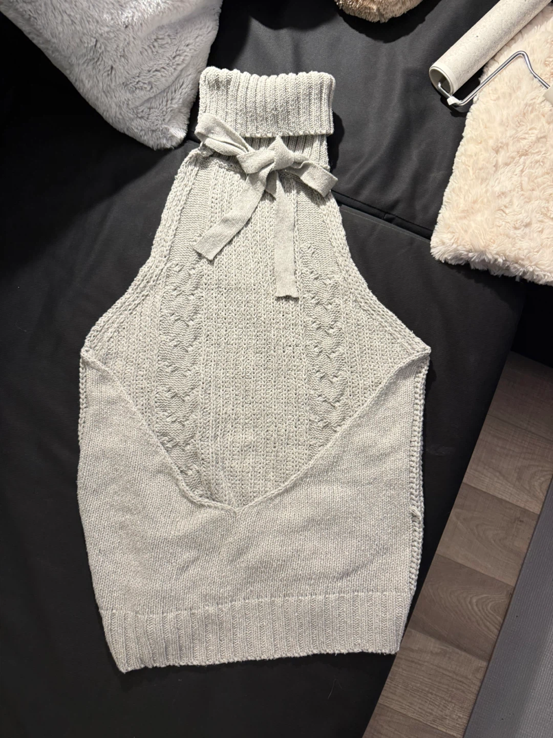 Light Grey Cable Knit Turtleneck Sleeveless Top