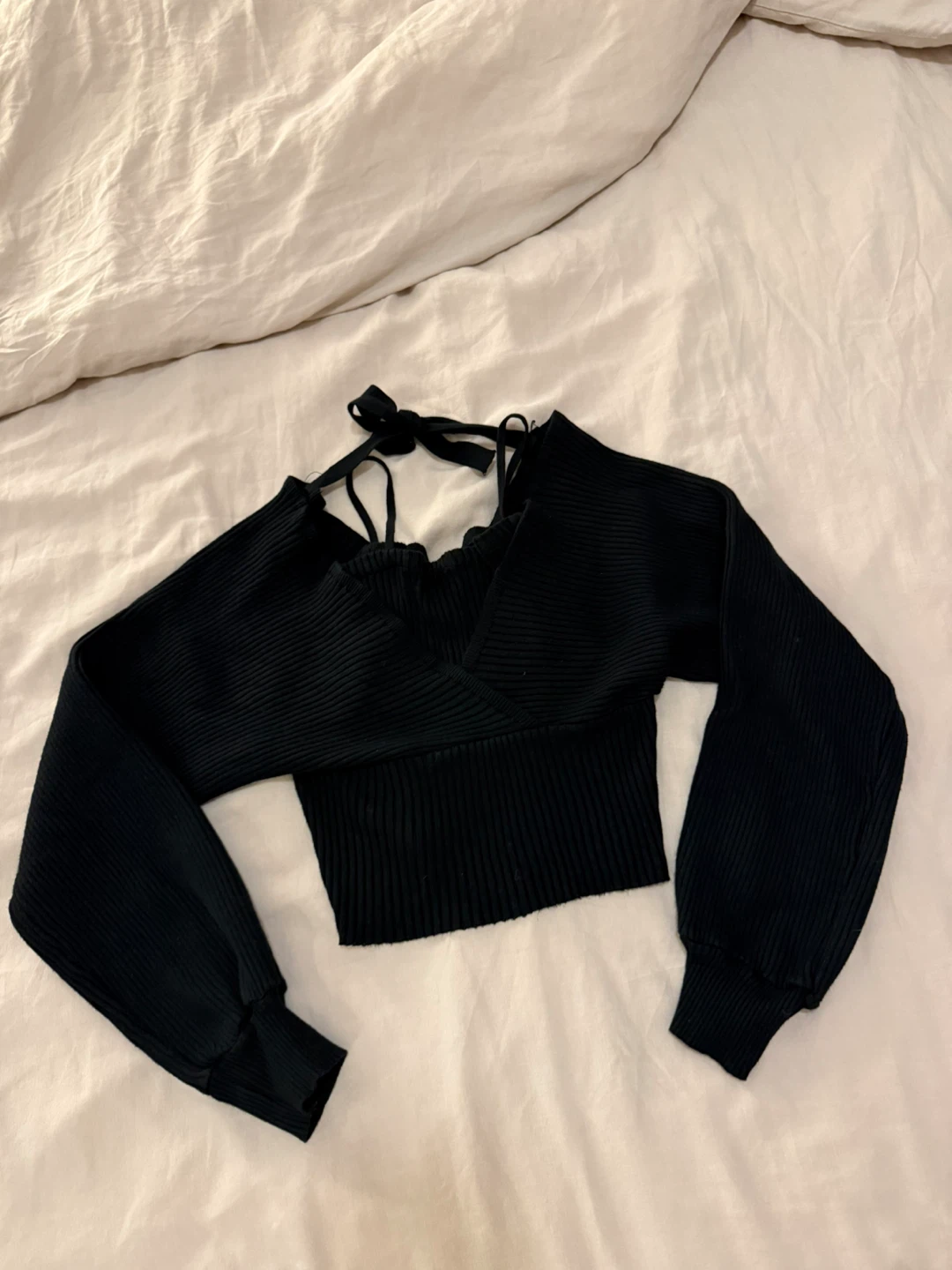 Black Ribbed Crop Top with Tie Back - photo 3