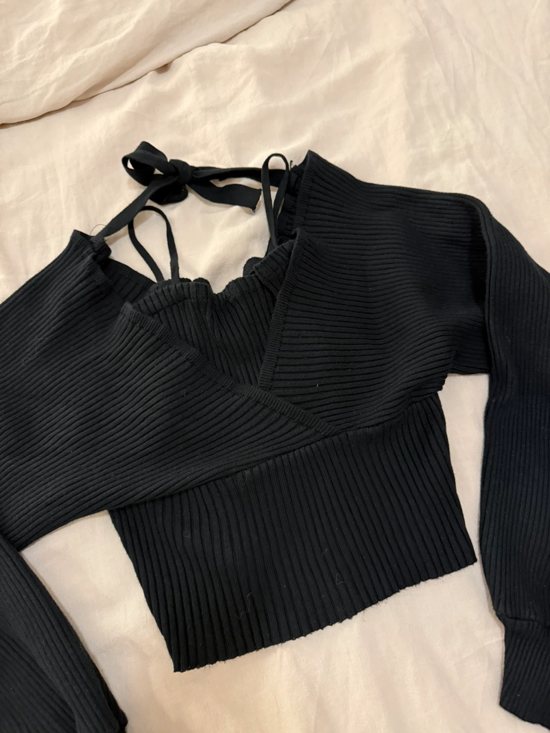 Black Ribbed Crop Top with Tie Back
