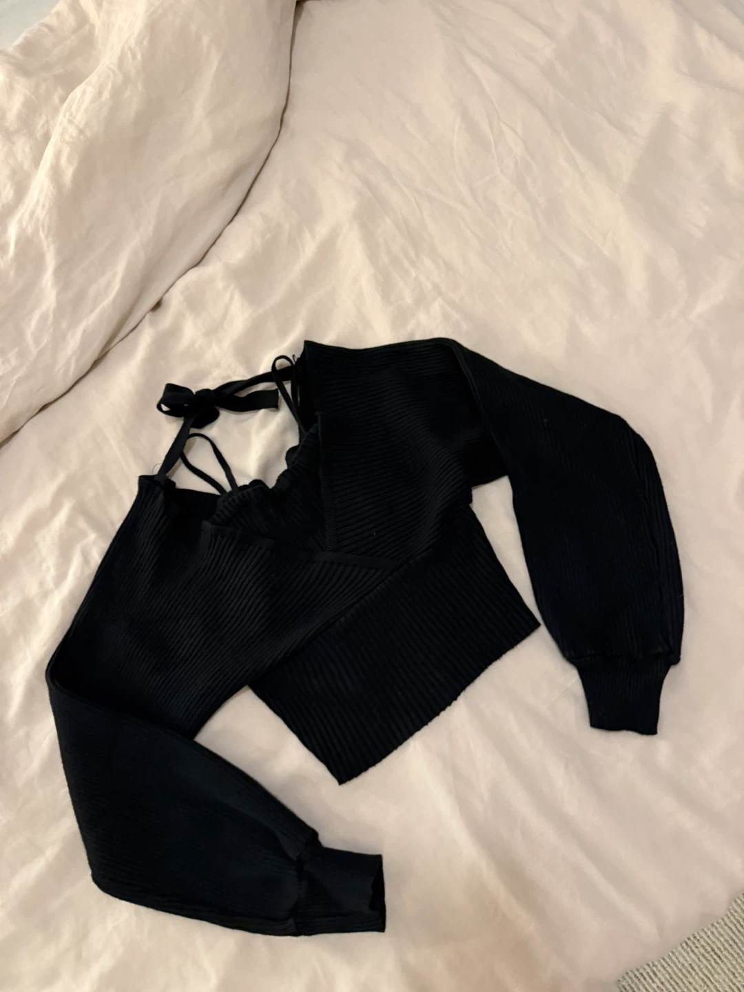 Black Ribbed Crop Top with Tie Back - photo 2