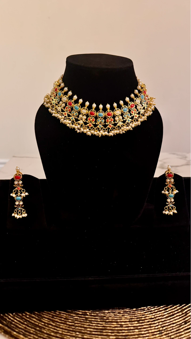 Gold-toned jadau multi coloured Choker  Set - photo 3